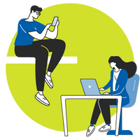 Mann und Frau arbeiten online am Handy und am Laptop