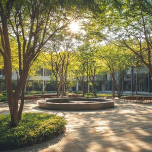 Scenic eco-friendly college campus with lush greenery and inviting circular seating perfect for inspiring study moments on a sunny day. Ideal for educational projects and marketing materials