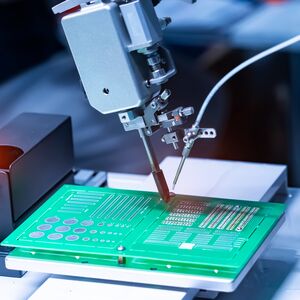 automatic soldering iron tips of system for robotic point soldering for printed and assembly electric circuit board ( PCB ) at factory