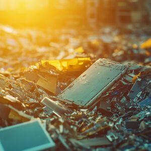A close-up shot showcasing dismantled waste parts in an indoor factory setting, illuminated by bright lighting, emphasizing the clutter and recycling potential.