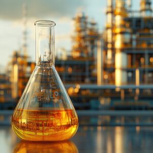 A glass flask filled with orange liquid in front of an industrial refinery, symbolizing chemical production and industrial research.