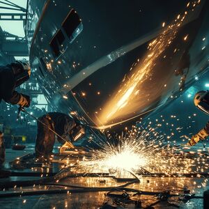 welding, welder, shipbuilding, metal fabrication, industrial, construction, sparks, safety gear, protective gear, steel, metal, worker, manufacturing, shipyard, close-up, action shot, work, industry, fabrication, construction worker, arc welding, machinery, equipment, labor, production, blue collar, process, engineering, craftsmanship, manual labor, raw material, metalworking, precision, expertise, heat, illumination, intense, focused, powerful, robust