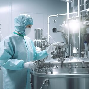 Biotechnology production facility, pharma. Clean production room with worker in protective suit. Generative AI image.