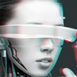 Kopfbild einer Frau mit futuristischer Datenbrille