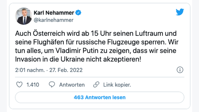 Screenshot Twitter Karl Nehammer zur Schließung des österreichischen Luftraums
