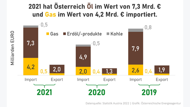 Importe und Exporte Österreichs von Gas, Erdöl/-Produkten und Kohle in den Jahren 2019 bis 2021