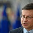 European Commissioner for Trade Valdis Dombrovskis answers journalists' questions ahead of a Eurogroup meeting at the EU headquarters in Brussels on March 14, 2022. (Photo by John THYS / AFP)