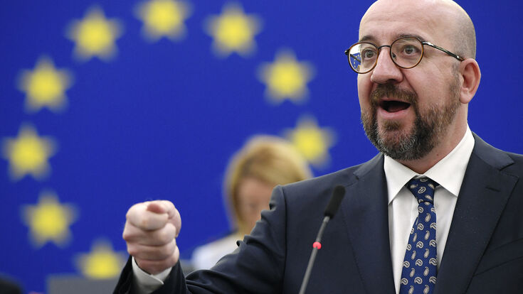 © AFP European Council President Charles Michel gestures as he speaks during a debate on the conclusions of the European Council meeting regarding Russian invasion of Ukraine during a plenary session at the European Parliament in Strasbourg, eastern France, on April 6, 2022. - EU leaders on April 6, 2022 said the bloc will soon have to sanction all of Russia's hydrocarbon exports as they blamed Moscow for "war crimes" discovered in Ukraine, especially in the town of Bucha. (Photo by Frederick FLORIN / AFP)