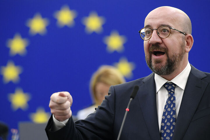 European Council President Charles Michel gestures as he speaks during a debate on the conclusions of the European Council meeting regarding Russian invasion of Ukraine during a plenary session at the European Parliament in Strasbourg, eastern France, on April 6, 2022. - EU leaders on April 6, 2022 said the bloc will soon have to sanction all of Russia's hydrocarbon exports as they blamed Moscow for "war crimes" discovered in Ukraine, especially in the town of Bucha. (Photo by Frederick FLORIN / AFP)