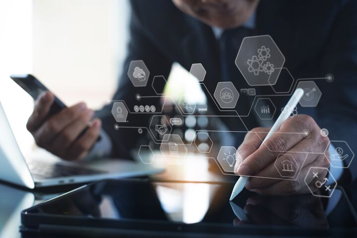 Business Intelligence. Businessman using digital tablet working with virtual innovation Operations management, planning, strategy and solution, futuristic technology, Key Performance Indicator