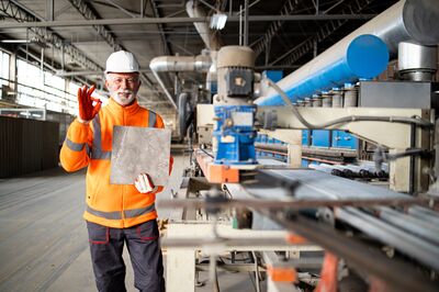 © littlewolf1989 - stock.adobe.com Arbeiter in einer Keramik-Produktion zeigt eine Keramikplatte. Technische Keramik findet eine Vielzahl an Anwendungsbereichen.
