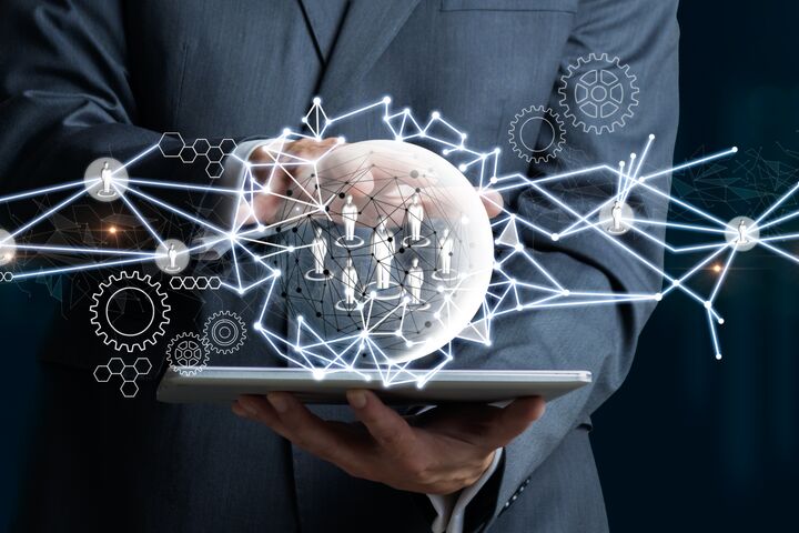 Businessman human social network and leadership as concept. HR Human resources management peoples relation organization. Human resources in a network. Mixed Media