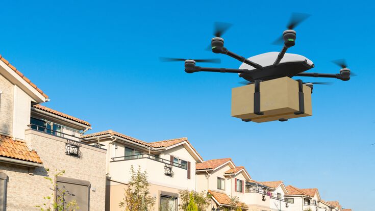 Eine Flugdrohne für den Transporteinsatz von Paketen ist Teil der Logistik der Zukunft.