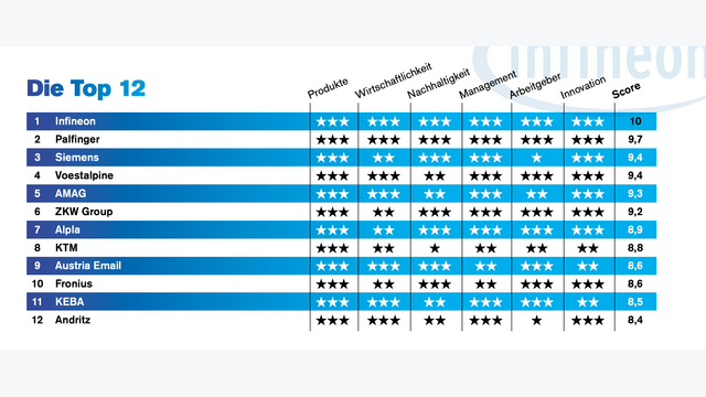 Das sind die Top 12 des Reputation Reports 2022: Infineon, Palfinger und Siemens punkten im Internet. Siemens, Palfinger, Infineon