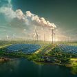 Field with solar batteries and wind farms. Renewable sources of electrictrity, green energy, sea shore, cloudy sky, ecology, sustainable, clean environment. Technology concept. 3D artwork background.