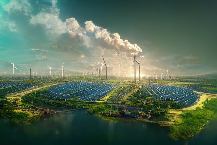 Field with solar batteries and wind farms. Renewable sources of electrictrity, green energy, sea shore, cloudy sky, ecology, sustainable, clean environment. Technology concept. 3D artwork background.