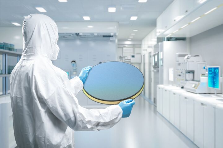 Ein Mitarbeiter in einem Schutzanzug bei der Forschungsarbeit im Labor.