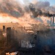 industry metallurgical plant dawn smoke smog emissions bad ecology aerial photography