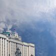 Building of The State Duma of the Federal Assembly of Russian Federation on a cloud background, Moscow, Russia
