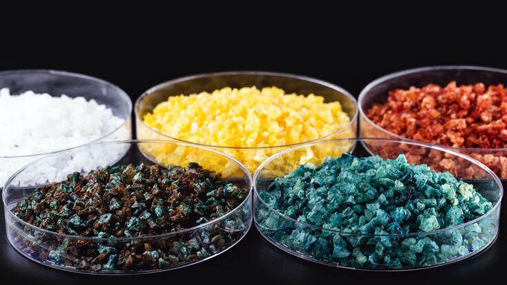 Molten chloride salts, crystals and crystallized rare earth sediments, chemicals used in industry for the production of various industrial items, in petri dishes