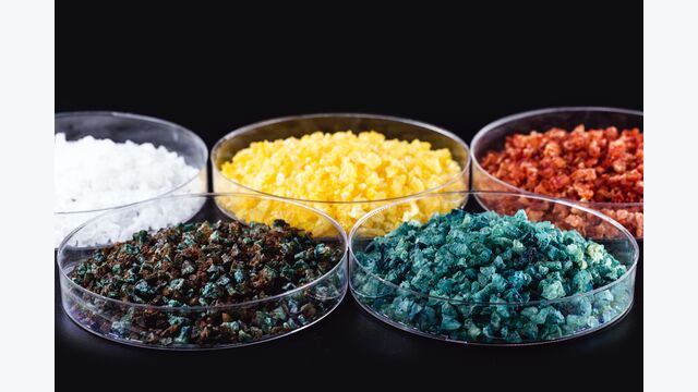 Molten chloride salts, crystals and crystallized rare earth sediments, chemicals used in industry for the production of various industrial items, in petri dishes