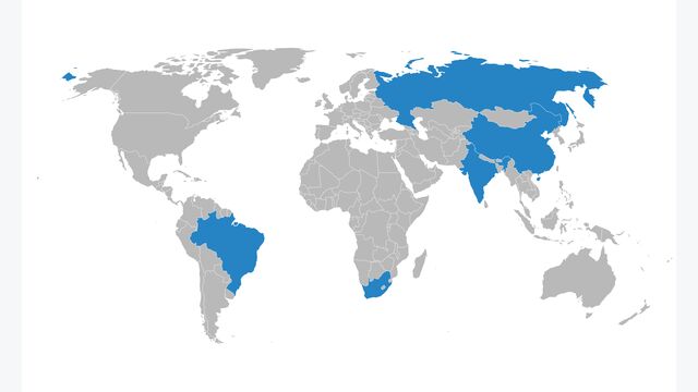 World map with BRICS countries vector illustration. Geographical business background graphics design.