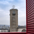 Der Mercedes-Stern auf dem Bahnhofsturm Stuttgart, M?rz 2021 // The Mercedes star on the train main station tower in Stuttgart, March 2021