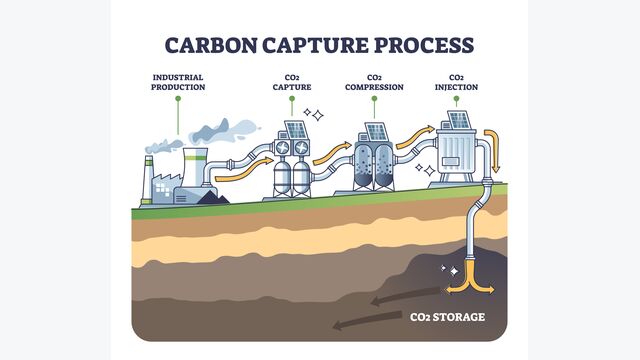 Carbon capture process stages with CO2 storage underground outline diagram. Labeled educational stages explanation with industrial production, compression and injection steps vector illustration.