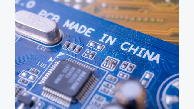 Made in china tag text on blue computer main board circuit