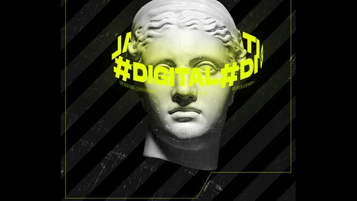 © master1305 - stock.adobe.com Contemporary art collage with antique statue head and neon lettering around isolated over black background. Concept of digitalization, artificial intelligence, technology era, cyberspace