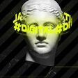 Contemporary art collage with antique statue head and neon lettering around isolated over black background. Concept of digitalization, artificial intelligence, technology era, cyberspace