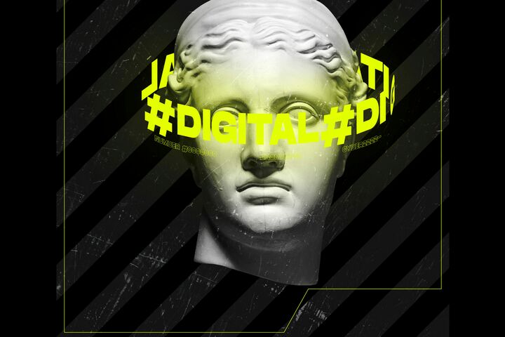 Contemporary art collage with antique statue head and neon lettering around isolated over black background. Concept of digitalization, artificial intelligence, technology era, cyberspace