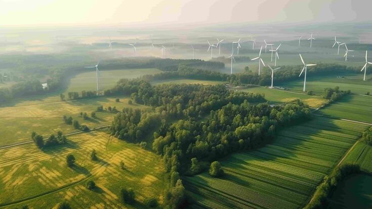Luftansicht auf ein großes grünes Feld mit Wald und Windrädern.