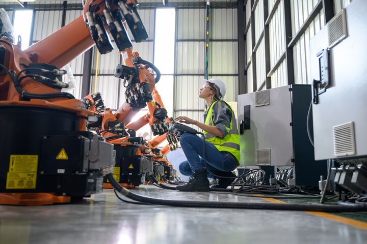 Maintenance engineer worker working with robotic machine automation at factory, Female technician with smart technology at industry, Female worker checking and controlling parts of robotic machine