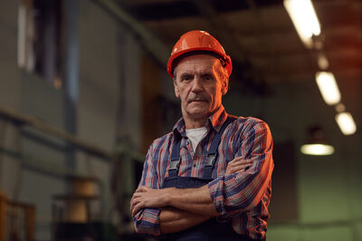© Getty Images Portrait of mature manual worker in work helmet standing with arms crossed and looking at camera