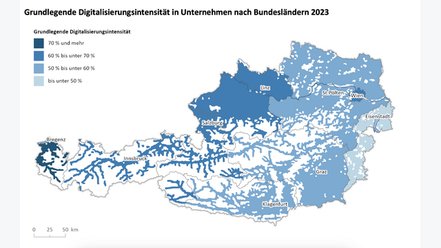 Erhebung über den IKT-Einsatz in Unternehmen 2023. – Befragungszeitraum: Februar bis Juli 2023.
– Der
Index zur Digitalisierungsintensität setzt sich aus zwölf Indikatoren zum Einsatz von Informations- und Kommunikationstechnologien
(IKT) in Unternehmen zusammen. Für eine grundlegende Digitalisierungsintensität müssen 4–12 Indikatoren erfüllt werden.