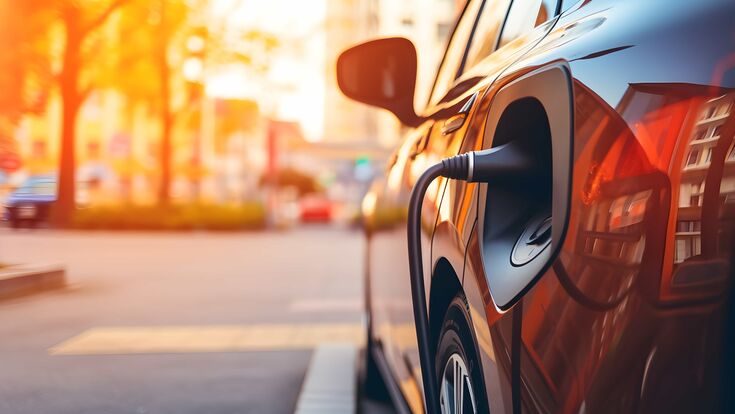 Detailansicht eines Elektroautos beim Tanken.