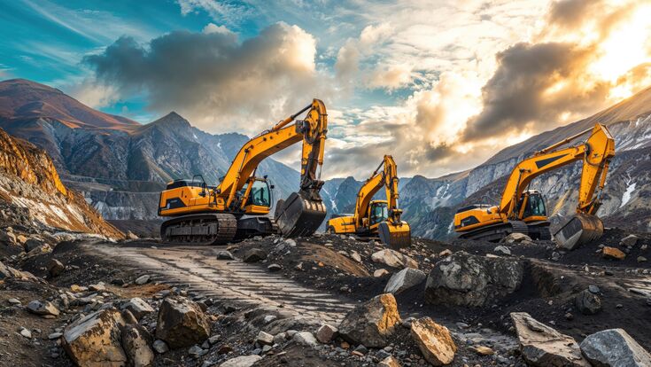 excavators, heavy machinery, quarry, mountains, construction, mining, equipment, industrial, machinery, landscape, rugged, earthmoving, operation, work site, diggers, construction equipment, engineering, heavy industry, mountainous, outdoor, sky, dramatic, excavation, development, earth, work, environment, mineral extraction, infrastructure, yellow, powerful, hydraulic, industry, geology, rock, stone quarry, material handling, terrain, large machinery, building, project, extraction, bulldozer, backhoe, loader, diesel, ground, civil engineering, raw materials