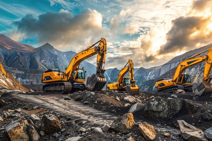excavators, heavy machinery, quarry, mountains, construction, mining, equipment, industrial, machinery, landscape, rugged, earthmoving, operation, work site, diggers, construction equipment, engineering, heavy industry, mountainous, outdoor, sky, dramatic, excavation, development, earth, work, environment, mineral extraction, infrastructure, yellow, powerful, hydraulic, industry, geology, rock, stone quarry, material handling, terrain, large machinery, building, project, extraction, bulldozer, backhoe, loader, diesel, ground, civil engineering, raw materials