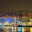 hafen hamburg kran transport ladung logistik schiff container export exporte handel welthandel deutschland see hdr ausfuhr blaue stunde boot einfuhr export freight kai lagerung lieferung meer schiff schiffe industrie