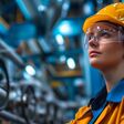 career, technology, woman, engineer, industry, safety, manufacturing, plant, machinery, professional, industrial, helmet, protective, gear, female, work, business, backgrounds, copy, space, beauty, portrait, person, adult, view, engineering, technical, skilled, observation, blue, orange