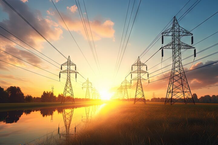 Sunrise solar power concept high voltage pylons transfer sustainable electricity