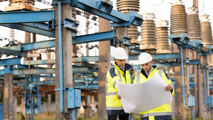© uflypro - stock.adobe.com electricity two paper discuss electric analysis station electric tower coworkers wiring working on site engineers drawing plan meeting outline teamwork workers tower electrical cable helmet power high voltage project business safety talking team power plant planning high-voltage energy energetics transmission worker volt engineer watt power and energy power line electrical substation work colleagues conversation structure discussion distribution installation lines