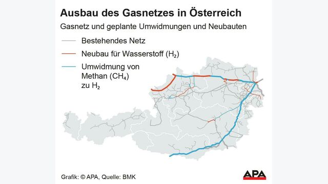 Karte ?sterreich mit bestehendem Gasnetz und geplanten Umwidmungen und Neubauten, Quelle: BMK; Die Auslieferung der APA-Grafiken als Embed-Code ist ausschlie?lich Kunden mit einer g?ltigen Vereinbarung f?r Grafik-Pauschalierung vorbehalten. Dabei inkludiert sind automatisierte Schrift- und Farbanpassungen an die jeweilige CI. F?r weitere Informationen wenden Sie sich bitte an unser Grafik-Team unter grafik@apa.at. GRAFIK 0464-24, 88 x 75 mm