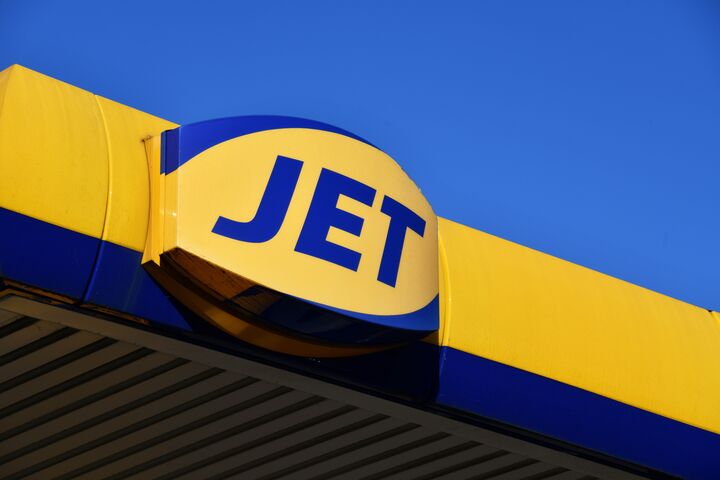 Hamburg, Germany - September 15, 2023: Jet logo in front of a gas station in Hamburg, Germany - Jet is the filling station brand of Phillips 66