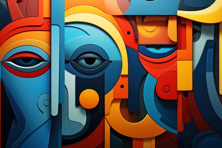 Abstract cubist artwork with a striking azure gaze