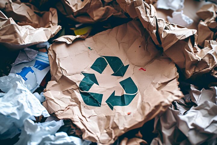 A pile of assorted paper and cardboard materials marked with the universal recycling symbol, set against a neutral background to promote environmental conservation and sustainable practices.