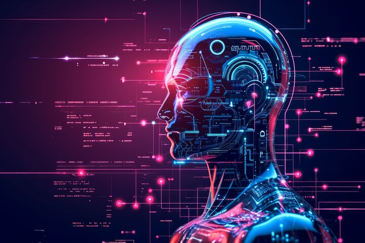 Side profile of a futuristic artificial intelligence computer head with glowing lines and data.