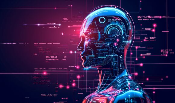 Side profile of a futuristic artificial intelligence computer head with glowing lines and data.