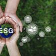 ESG icon concept and earth in the hand for environmental, social, and governance in sustainable corporation development and ethical business on a green background whith Copy space.